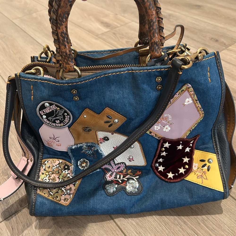 Coach Denim Patchwork Satchel with Multicolor Accents